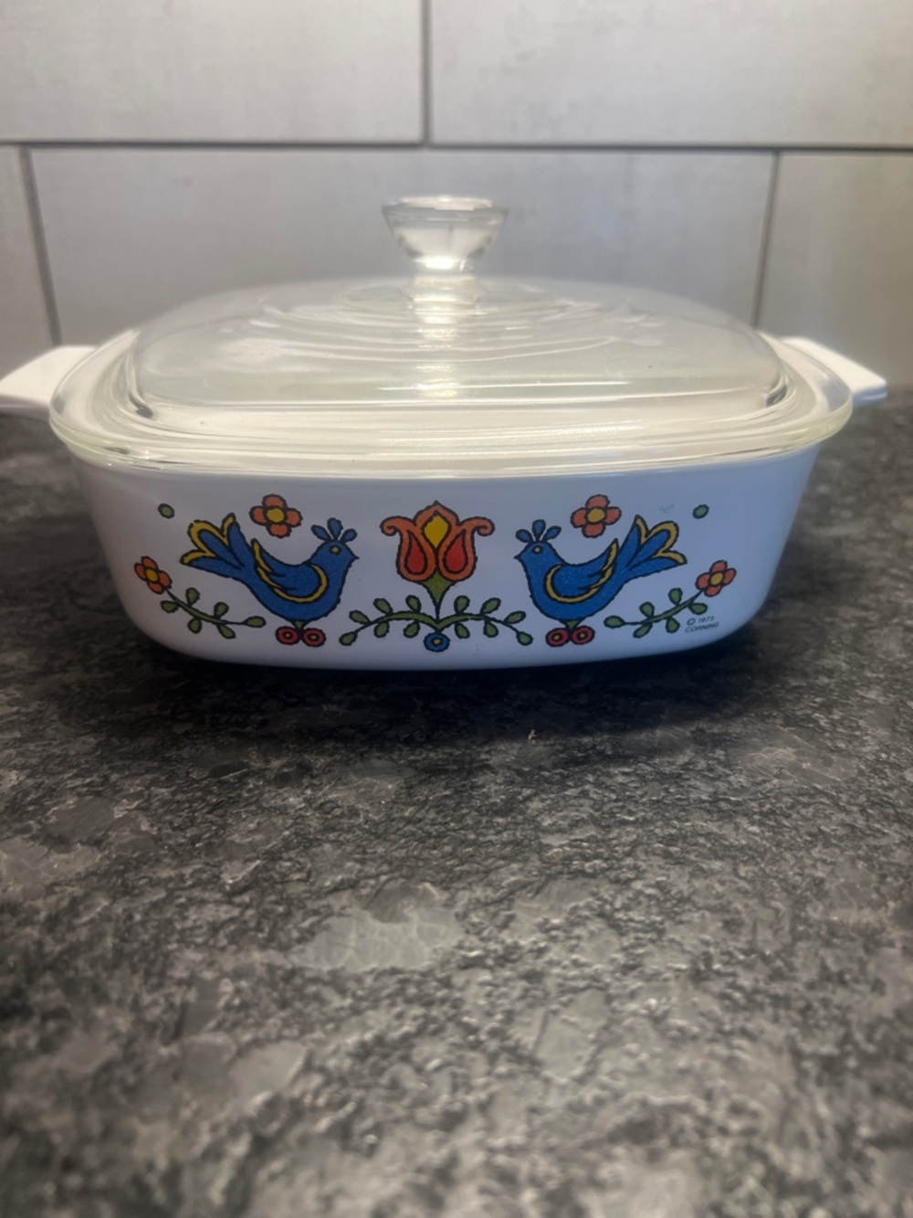 1975 CorningWare Bluebird Pattern Covered Casserole Dish - White/Blue